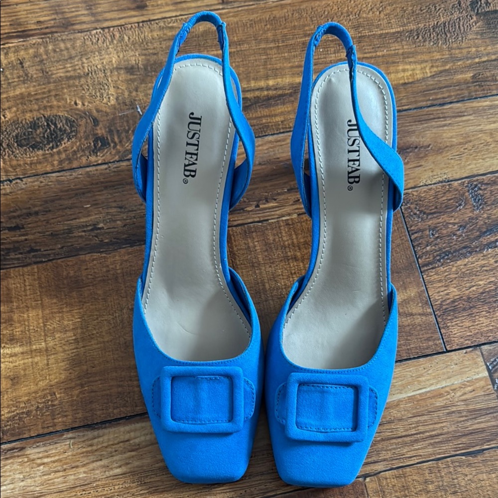 JustFab Blue Satin Slingback Heels with Square Buckle